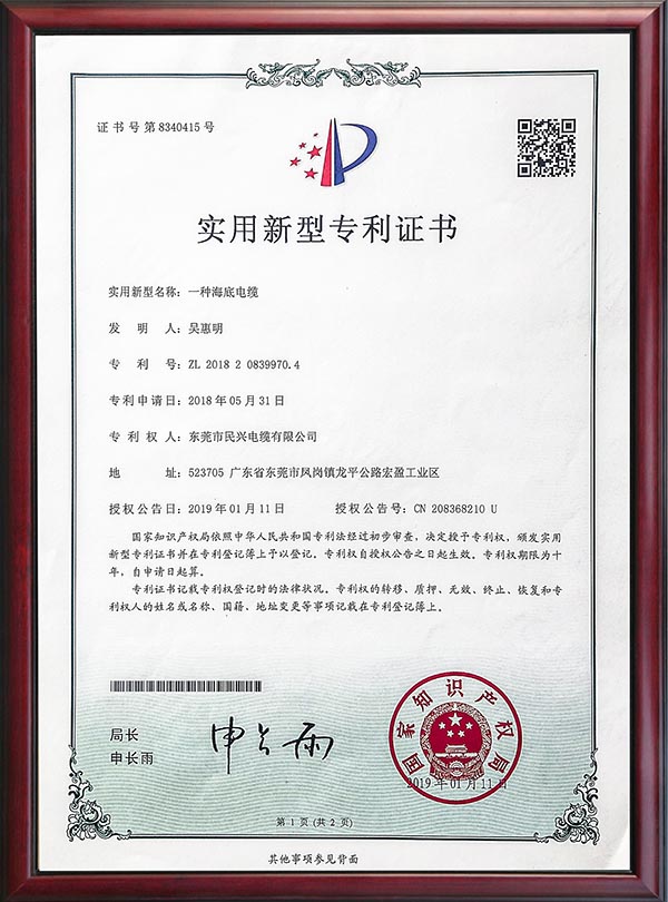                                                                                                               专利证书-一种海底电缆-2019                                                                                   
