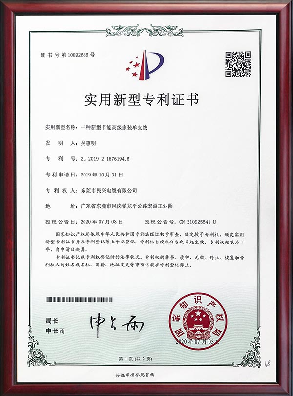                                                                                                               专利证书-一种新型节能高级家装单支线                                                                                   